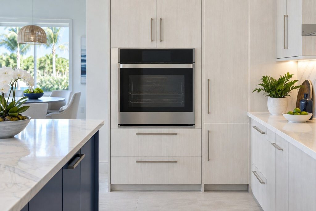 A 30-inch electric single wall oven with air sous vide built into a tall pale cabinet at chest height, its door closed, seen square on from a few feet back.