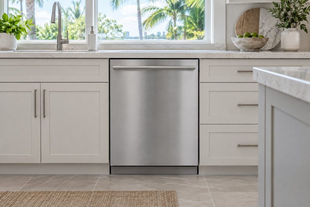 A 24-inch stainless steel tub built-in dishwasher with smartboost™ built in under a pale stone counter, its door closed, flush with the cabinets, seen square on from a few feet back.