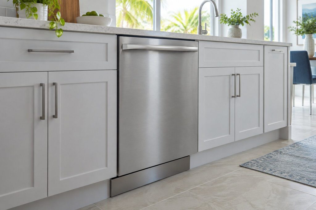 A 24-inch stainless steel tub built-in dishwasher with smartboost™ built in under a pale stone counter, its door closed, flush with the cabinets, seen from a low three-quarter angle along the run of cabinets.