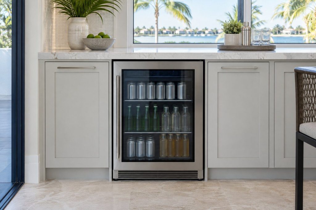 A 5.1 cu. ft. under-counter beverage center built in under a pale stone counter in a bar run, its glass door closed, seen square on from a few feet back.