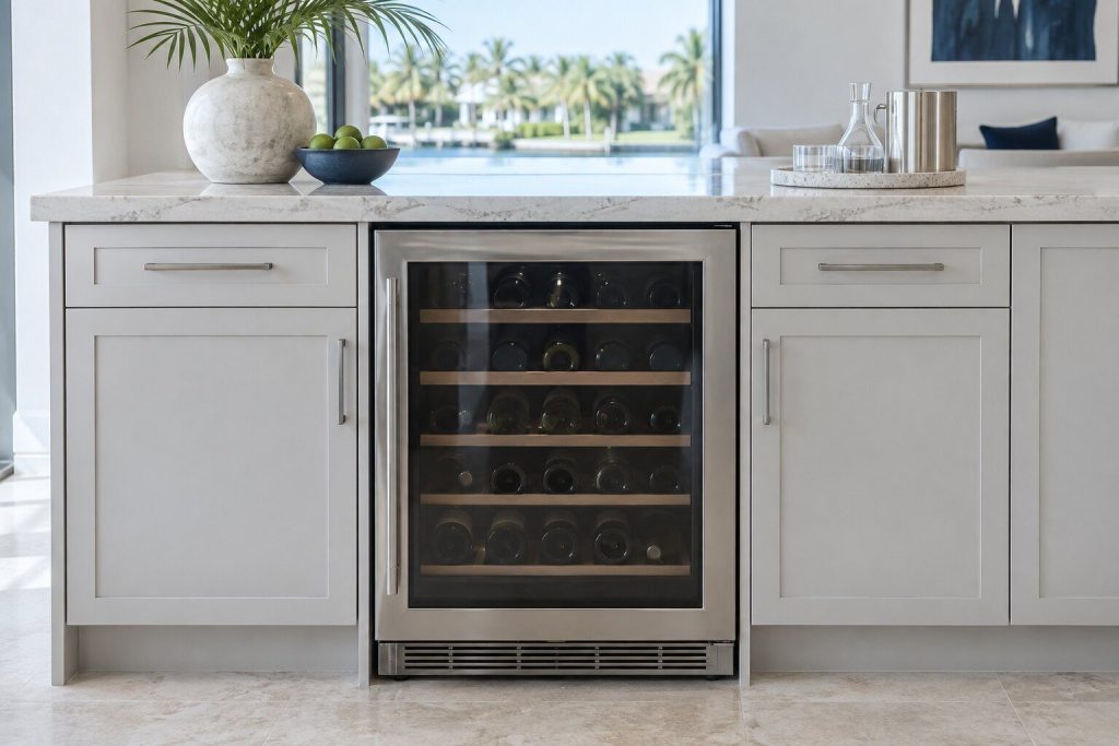 A 24-inch under-counter wine cooler built in under a pale stone counter in a bar run, its glass door closed, seen square on from a few feet back.
