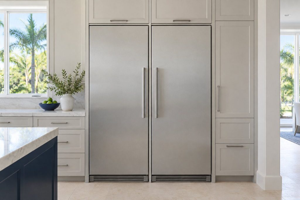 A 19 cu. ft. single-door freezer standing beside its matching refrigerator column in a run of pale cabinetry, seen square on from a few feet back.