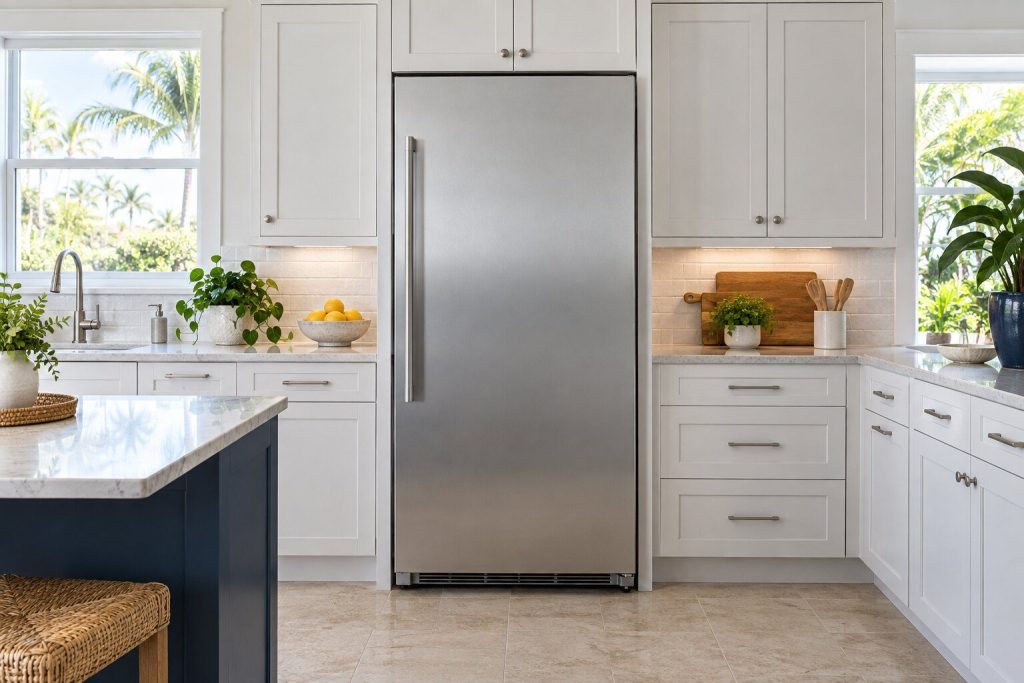 A 19 cu. ft. single-door refrigerator standing in a run of pale painted cabinets in a bright fitted kitchen, seen square on from a few feet back.