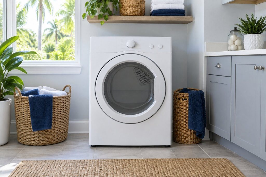 A 24-inch compact electric dryer, 4.0 cu. ft., standing in a bright laundry room on a tiled floor, its door closed, seen square on from a few feet back.
