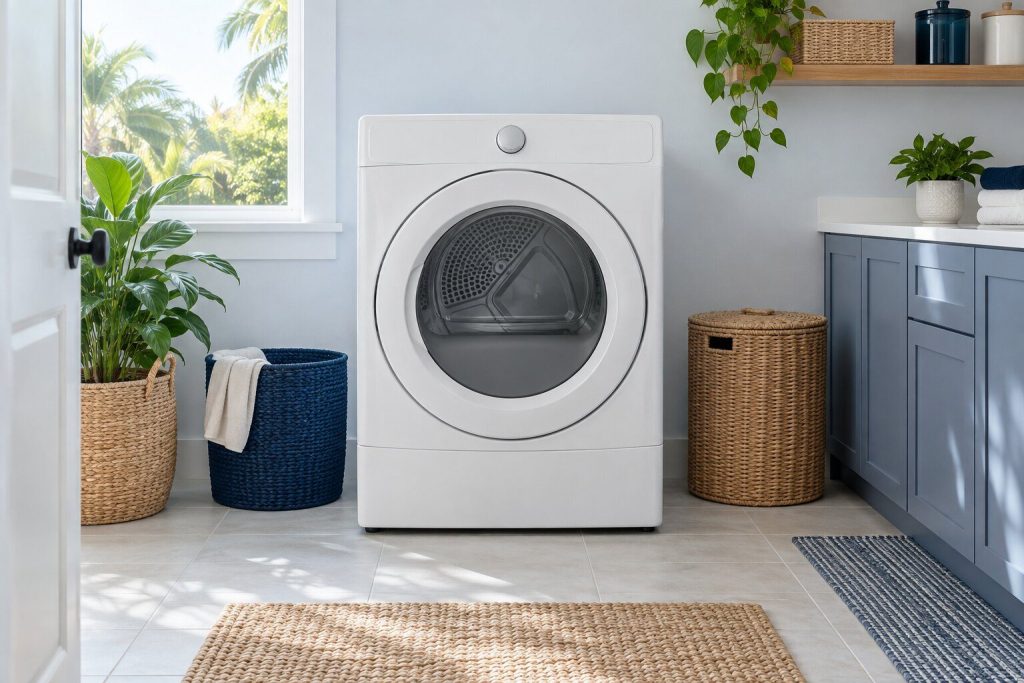 A 300 series electric dryer, 8.0 cu. ft., standing in a bright laundry room on a tiled floor, its door closed, seen square on from a few feet back.