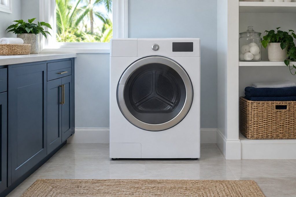 A 400 series electric dryer, 8.0 cu. ft., standing in a bright laundry room on a tiled floor, its door closed, seen square on from a few feet back.
