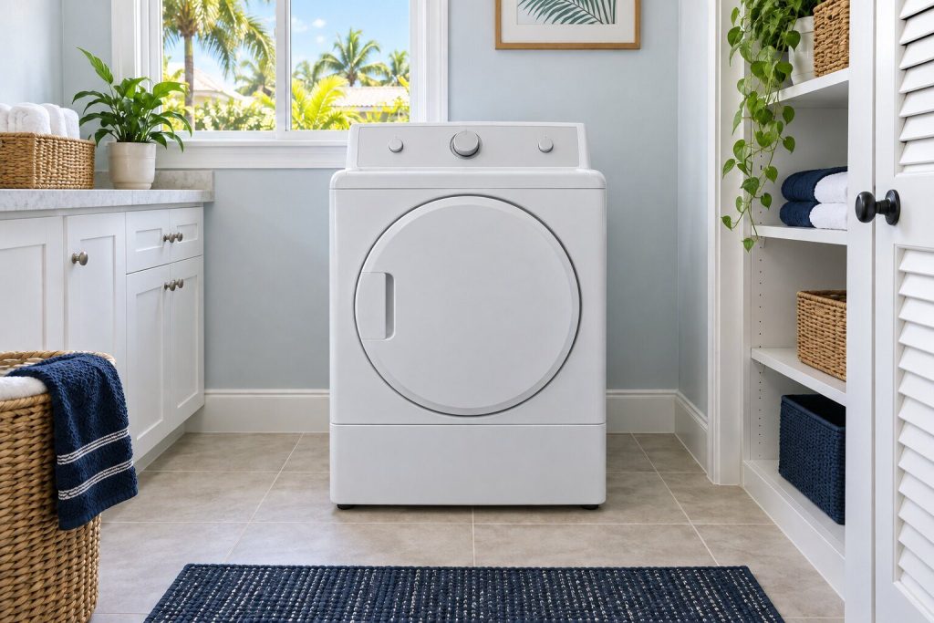 A 500 series electric dryer, 8.0 cu. ft., standing in a bright laundry room on a tiled floor, its door closed, seen square on from a few feet back.