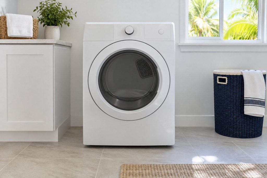 A 600 series electric dryer, 8.0 cu. ft., standing in a bright laundry room on a tiled floor, its door closed, seen square on from a few feet back.