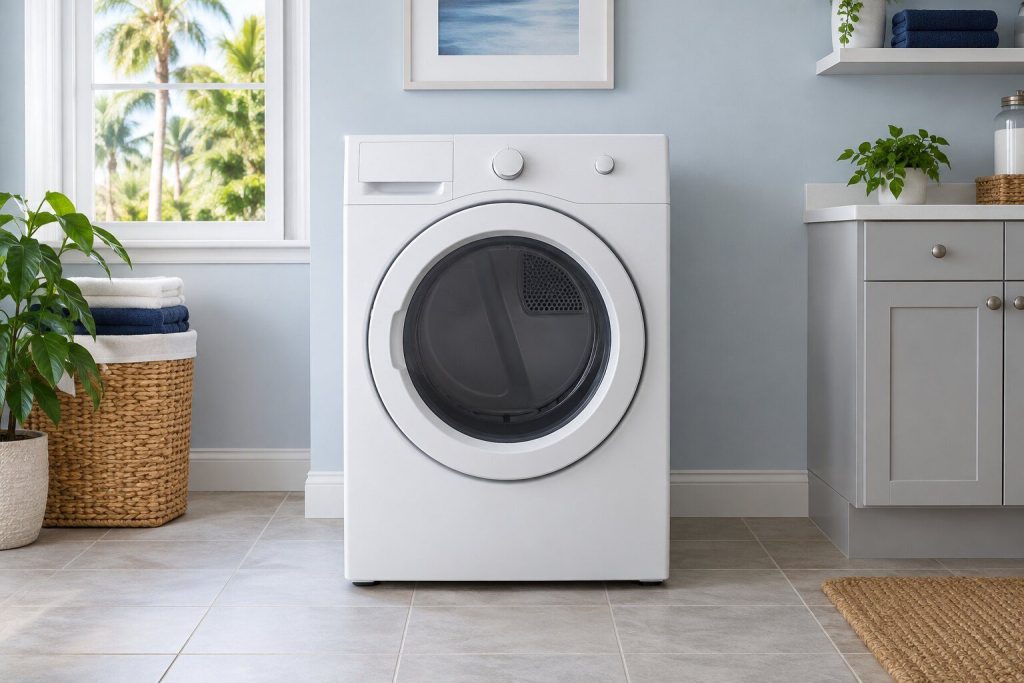 A 700 series electric dryer, 8.0 cu. ft., standing in a bright laundry room on a tiled floor, its door closed, seen square on from a few feet back.