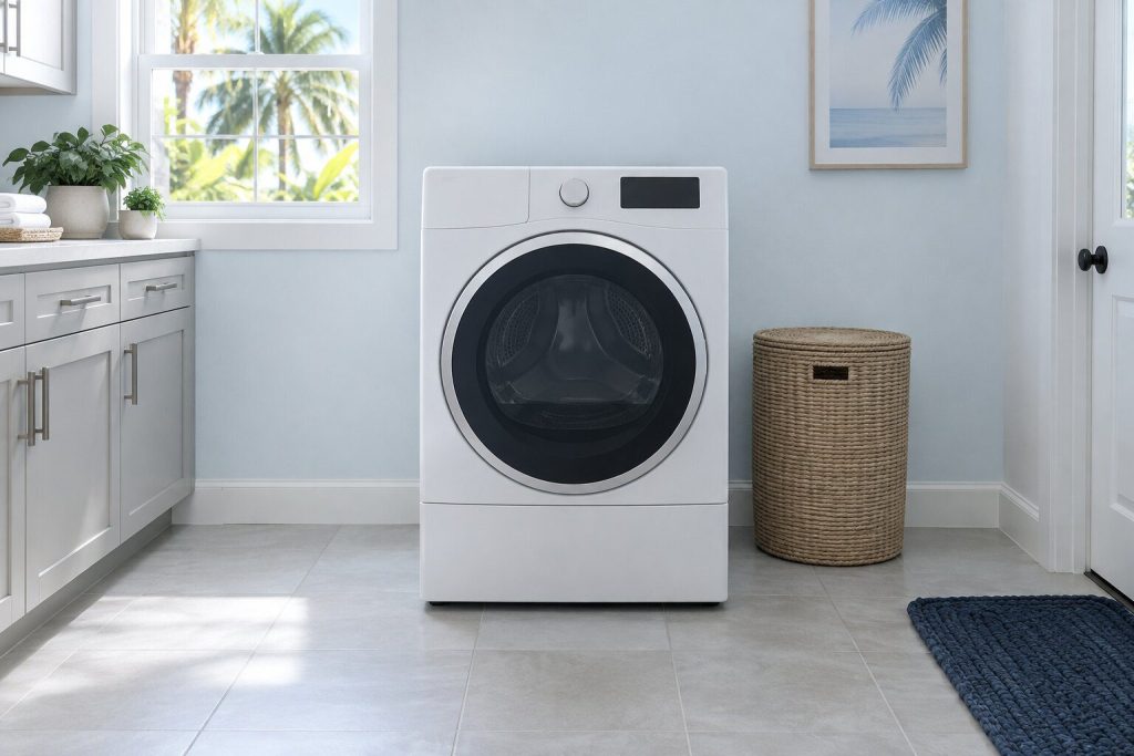 A 300 series gas dryer, 8.0 cu. ft., standing in a bright laundry room on a tiled floor, its door closed, seen square on from a few feet back.