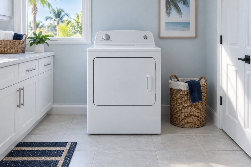 A 400 series gas dryer, 8.0 cu. ft., standing in a bright laundry room on a tiled floor, its door closed, seen square on from a few feet back.