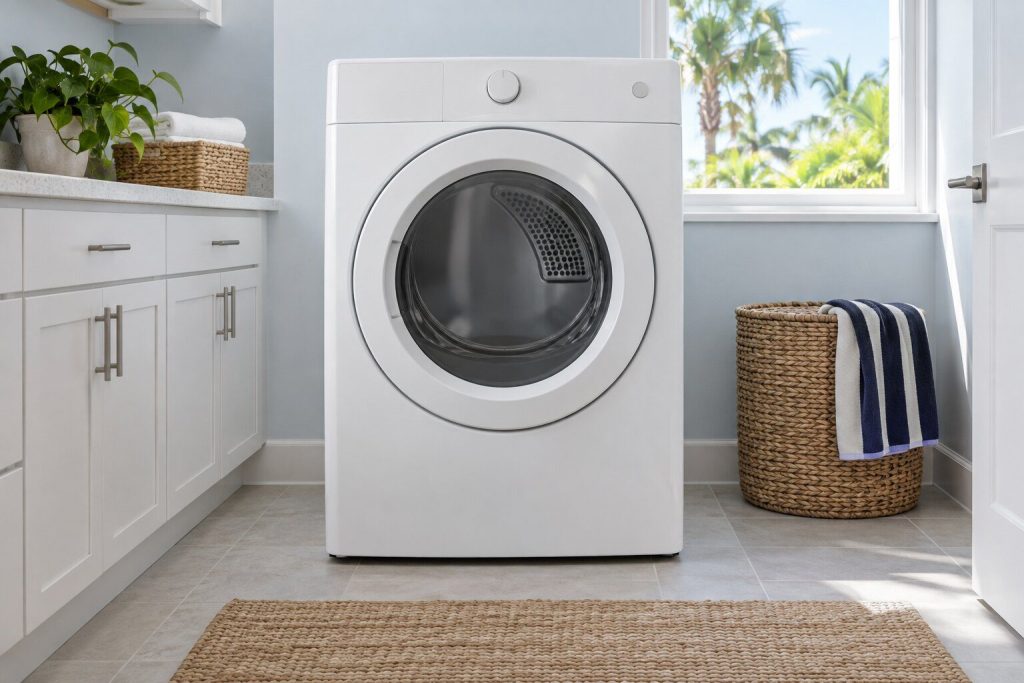 A 500 series gas dryer, 8.0 cu. ft., standing in a bright laundry room on a tiled floor, its door closed, seen square on from a few feet back.