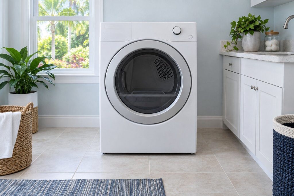 A 600 series gas dryer, 8.0 cu. ft., standing in a bright laundry room on a tiled floor, its door closed, seen square on from a few feet back.