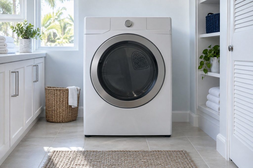 A 700 series gas dryer, 8.0 cu. ft., standing in a bright laundry room on a tiled floor, its door closed, seen square on from a few feet back.