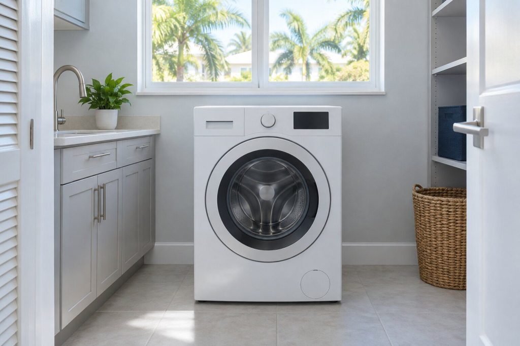 A 24-inch compact front load washer, 2.4 cu. ft., standing in a bright laundry room on a tiled floor, its door closed, seen square on from a few feet back.