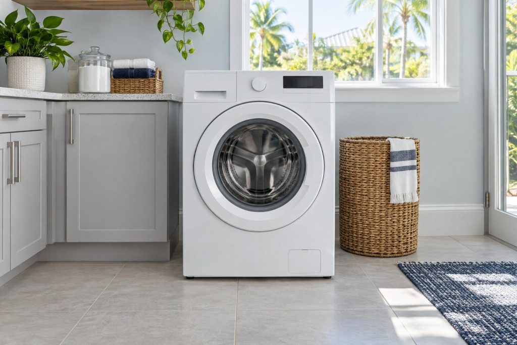 A 300 series front load washer, 4.4 cu. ft., standing in a bright laundry room on a tiled floor, its door closed, seen square on from a few feet back.