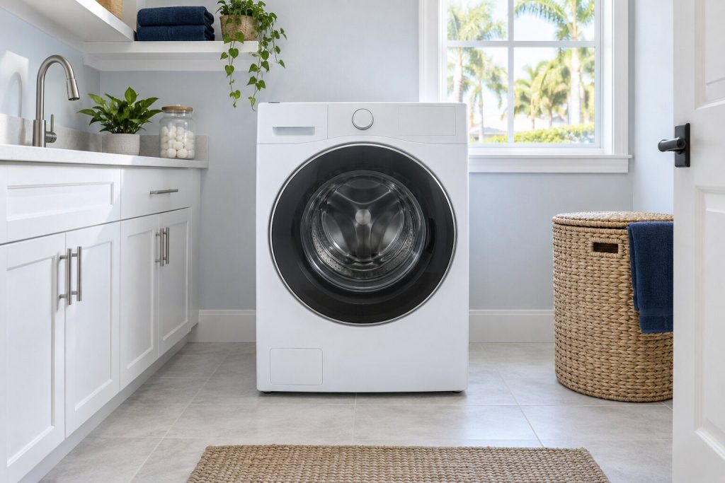A 400 series front load washer, 4.5 cu. ft., standing in a bright laundry room on a tiled floor, its door closed, seen square on from a few feet back.