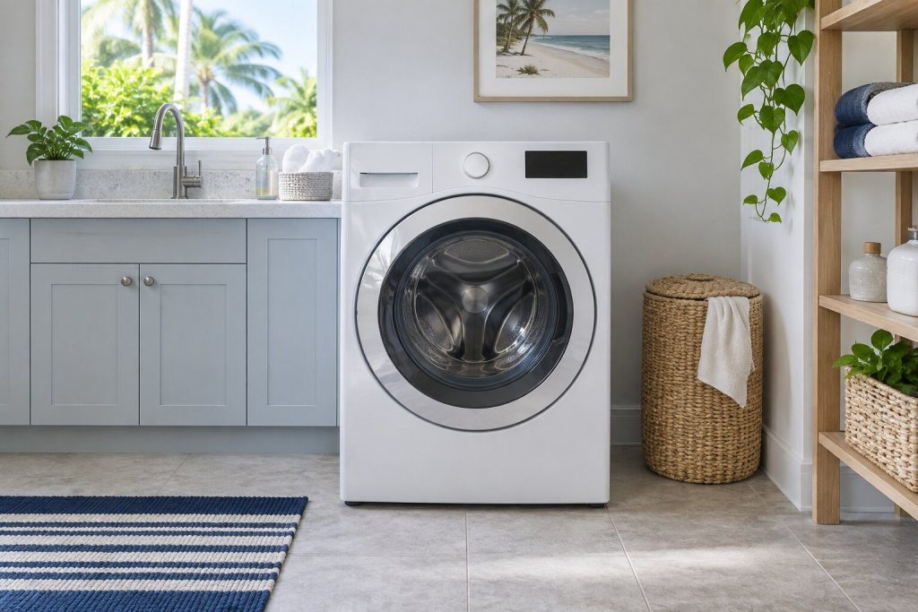 A 500 series front load washer, 4.5 cu. ft., standing in a bright laundry room on a tiled floor, its door closed, seen square on from a few feet back.