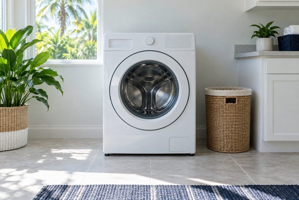 A 600 series front load washer with smartboost®, 4.5 cu. ft., standing in a bright laundry room on a tiled floor, its door closed, seen square on from a few feet back.