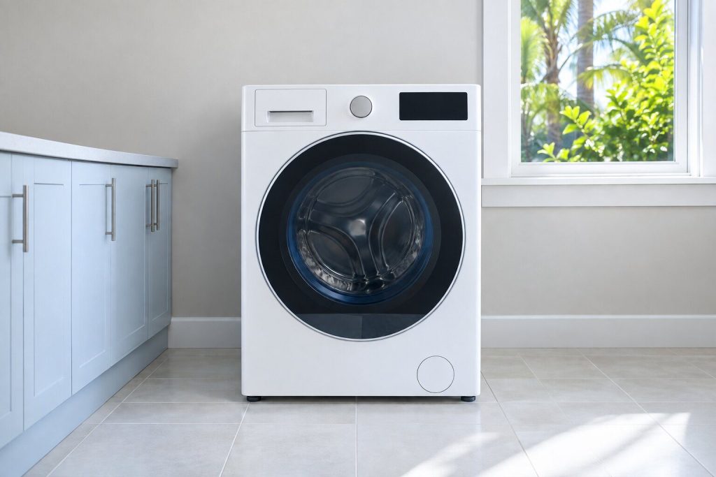 A 700 series front load washer with smartboost®, designed for cold water efficiency, 4.5 cu. ft., standing in a bright laundry room on a tiled floor, its door closed, seen square on from a few feet back.