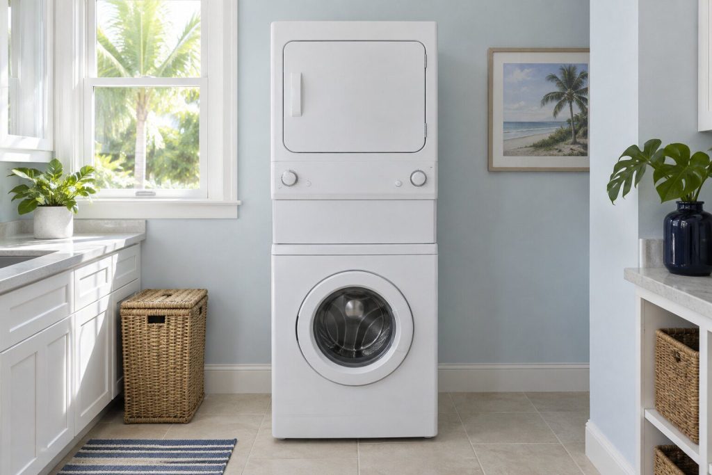 A 300 series laundry tower single unit washer & electric dryer standing in a bright laundry room on a tiled floor, its door closed, seen square on from a few feet back.