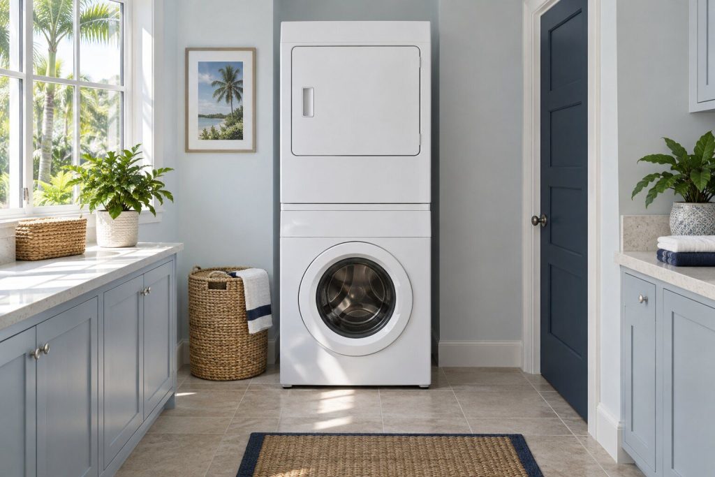 A 600 series laundry tower single unit washer & electric dryer standing in a bright laundry room on a tiled floor, its door closed, seen square on from a few feet back.