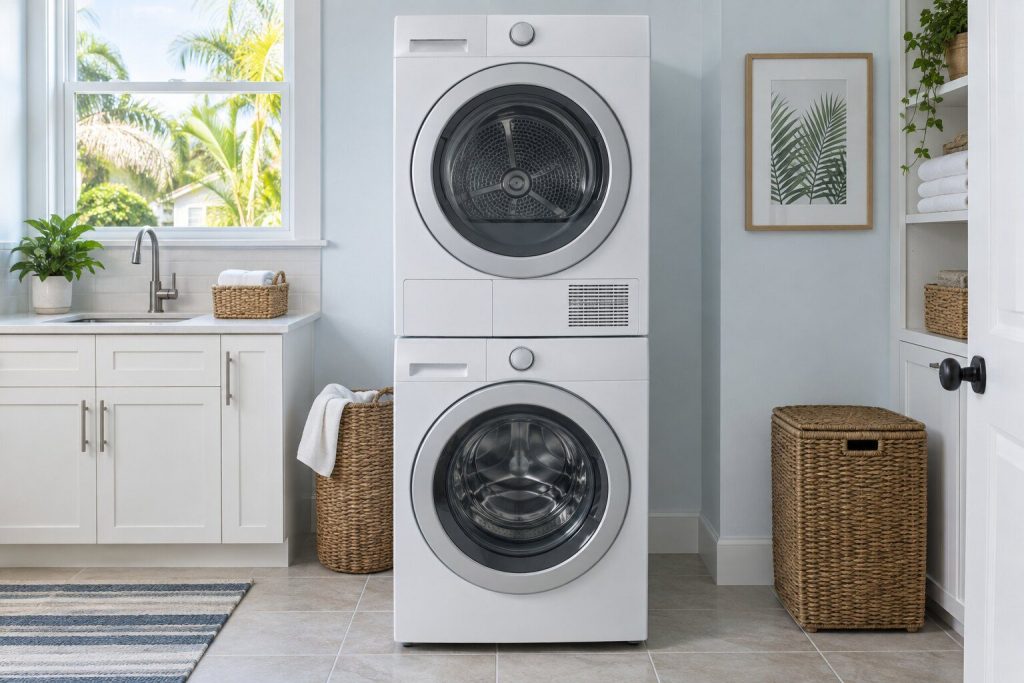 A 300 series laundry tower single unit washer & gas dryer standing in a bright laundry room on a tiled floor, its door closed, seen square on from a few feet back.