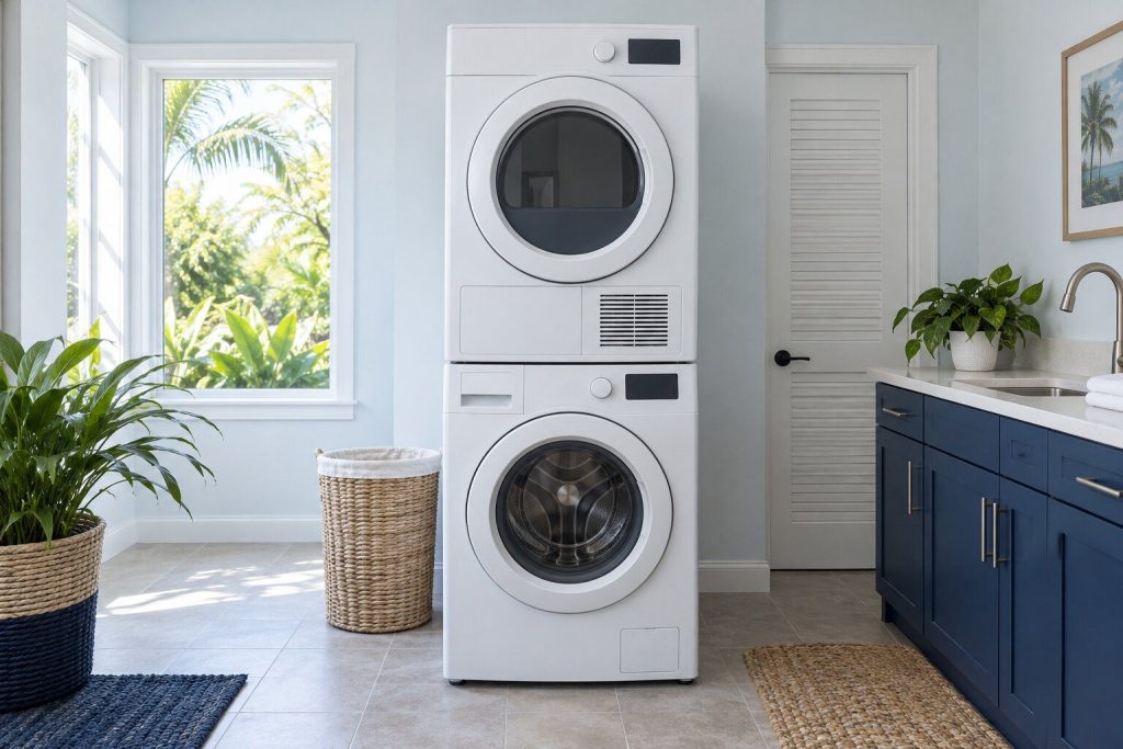 A 600 series laundry tower single unit washer & gas dryer standing in a bright laundry room on a tiled floor, its door closed, seen square on from a few feet back.