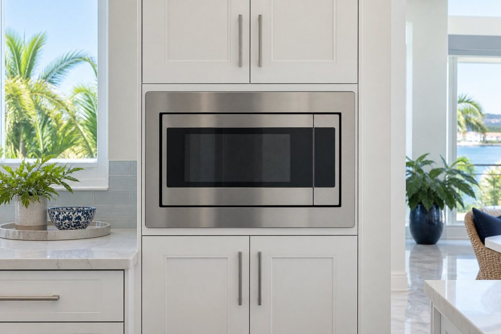 A 30-inch built-in microwave oven with drop-down door built into a tall pale cabinet, its door closed, seen square on from a few feet back.