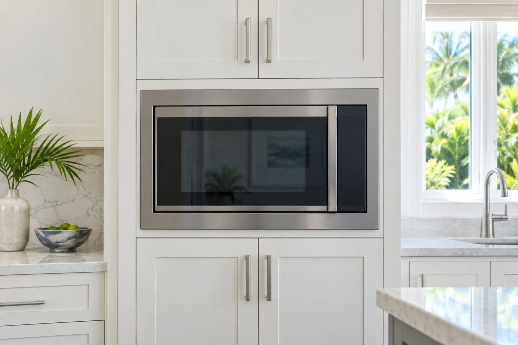 A 30-inch built-in side swing microwave oven built into a tall pale cabinet, its door closed, seen square on from a few feet back.