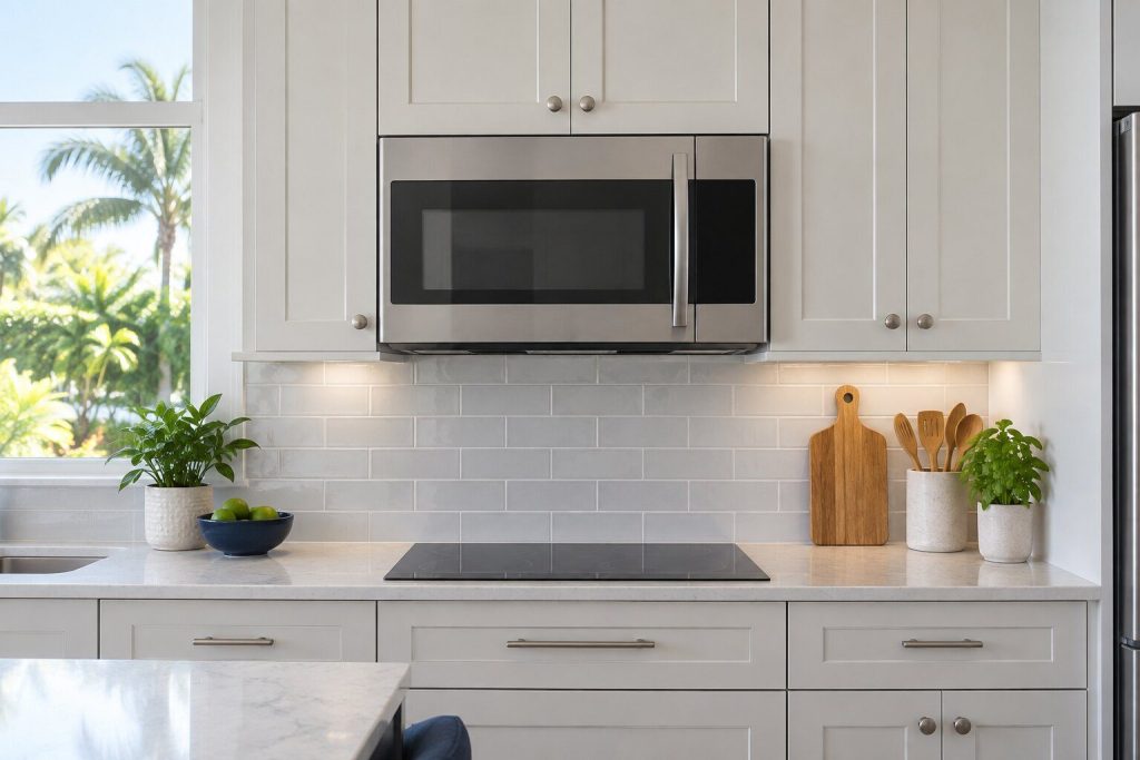 A 30-inch over-the-range convection microwave built into a tall pale cabinet, its door closed, seen square on from a few feet back.