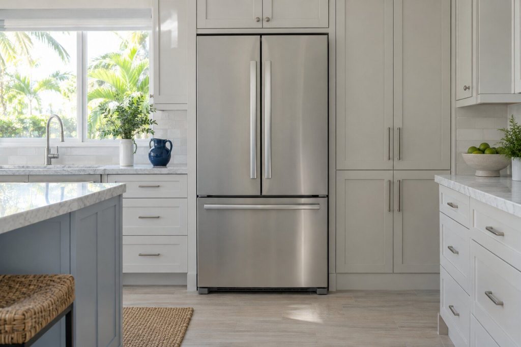 A 23 cu. ft. counter-depth French door refrigerator standing in a run of pale painted cabinets in a bright fitted kitchen, seen square on from a few feet back.