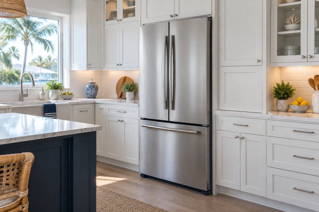A 23 cu. ft. counter-depth French door refrigerator standing in a run of pale painted cabinets in a bright fitted kitchen, seen from a low three-quarter angle along the run of cabinets.
