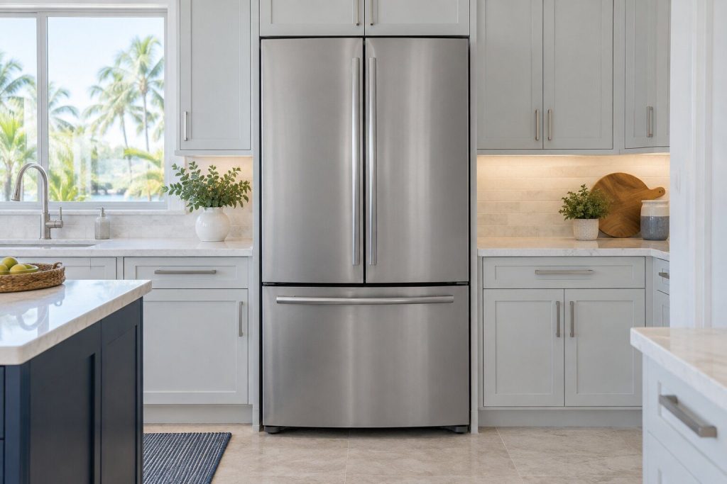 A 21 cu. ft. counter-depth French door refrigerator standing in a run of pale painted cabinets in a bright fitted kitchen, seen square on from a few feet back.