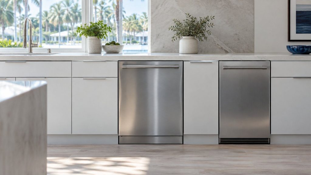 A wide flat view of pale painted cabinet fronts with two stainless appliance panels set flush among them.