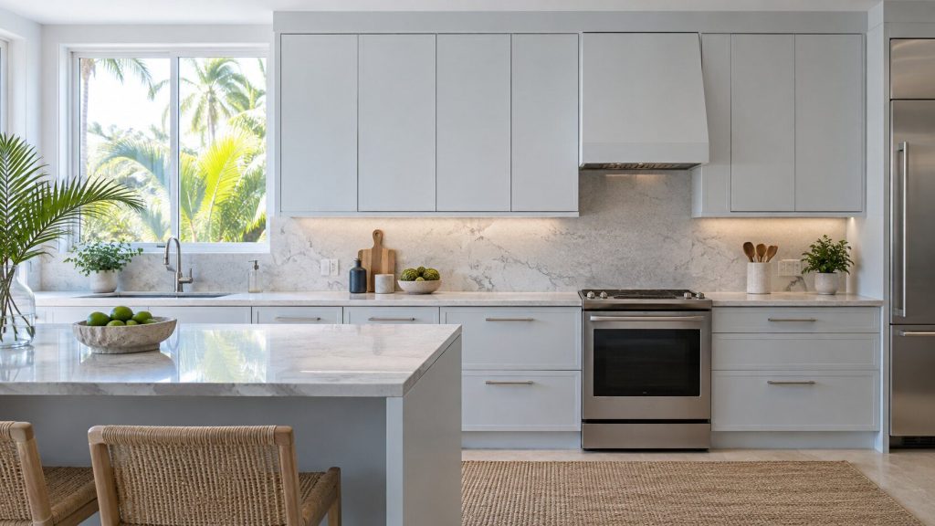 A wide flat view of a pale cabinet run with the shadow line under the wall units running the width of the frame.