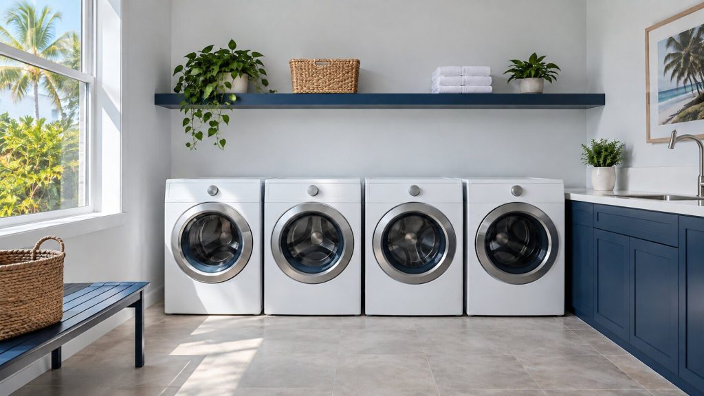 A wide view along a shared laundry room wall with four identical front-load machines in a row, nobody present.