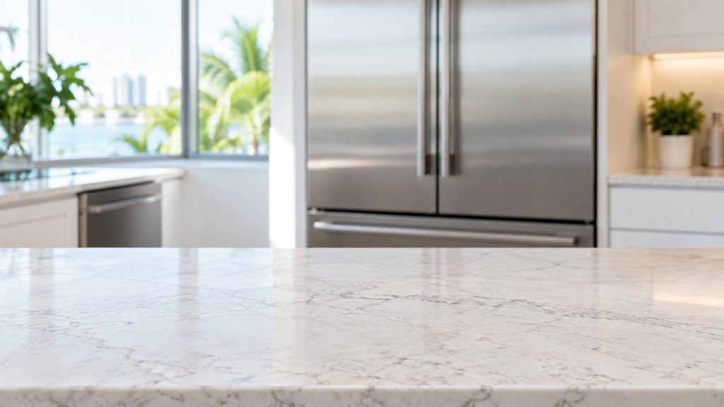 An empty pale stone kitchen counter running the full width of the frame with soft daylight across it and a stainless appliance front behind, out of focus.