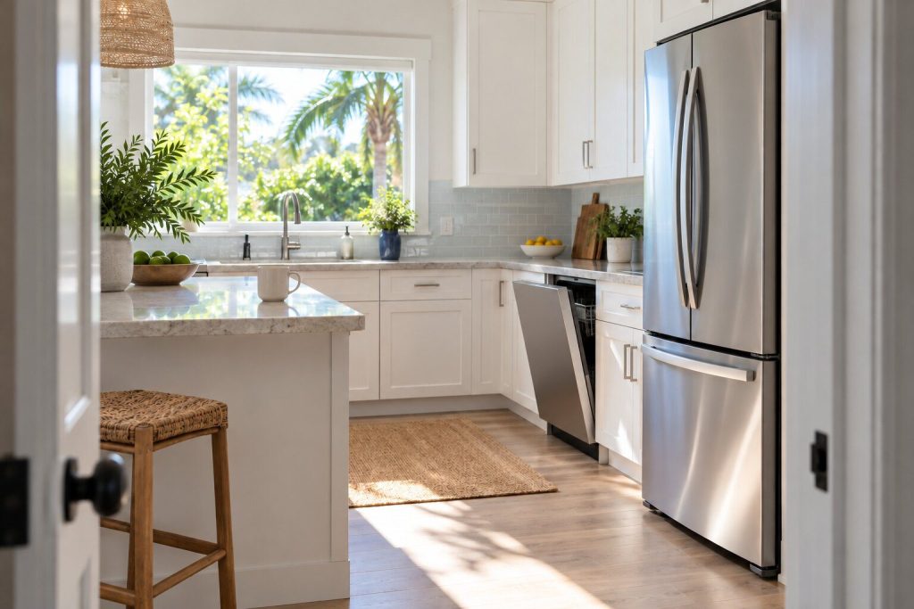 A bright kitchen in early morning with a mug on the counter and one appliance door ajar, seen from the doorway.