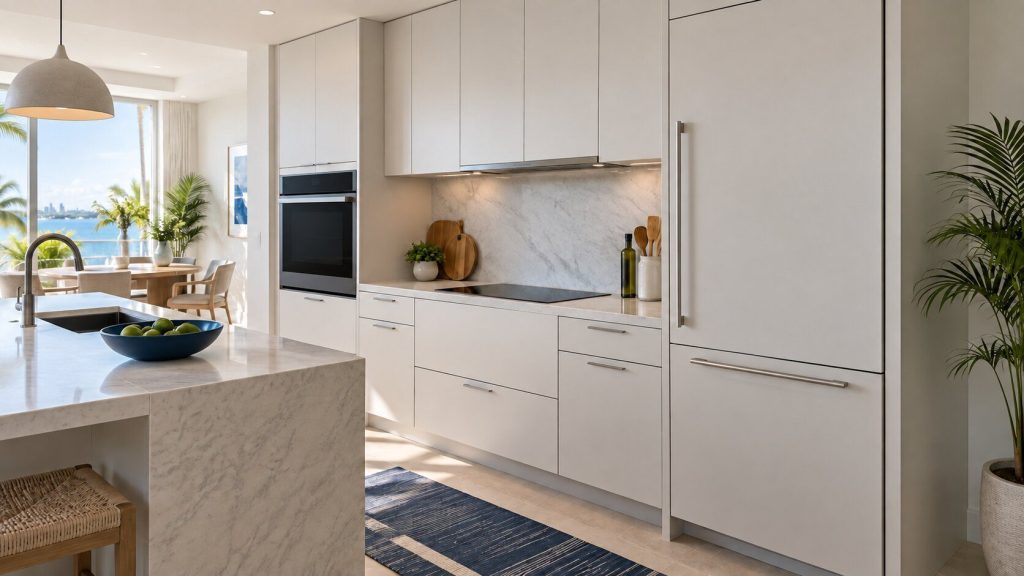 A run of pale fitted cabinetry along one wall of a bright kitchen with a wall oven, a cooktop and a flush refrigerator all in the same line, seen from an angle.