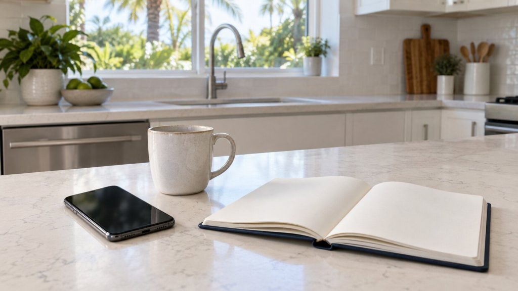 A pale kitchen counter with a phone lying face up beside a mug and an open notebook, morning light across it.