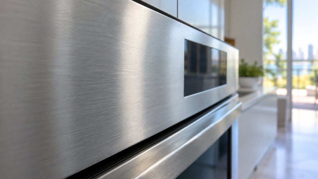 A close view along a brushed stainless appliance fascia with a small dark display panel at the far end, shallow depth of field, no characters readable.