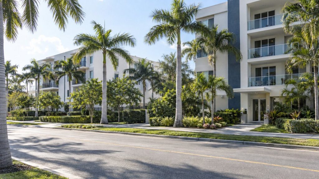 A bright South Florida street of low-rise condominium buildings with palms along the sidewalk, seen from across the road.