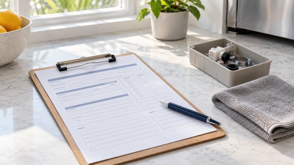 A clipboard with a plain printed form and a pen on a pale stone counter beside a folded cloth and a small parts box.