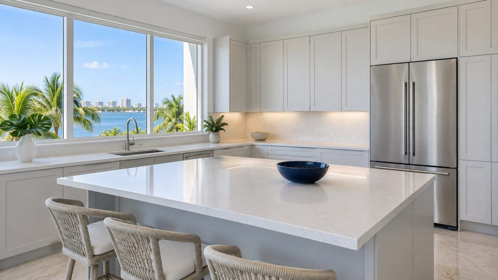 A bright South Florida condominium kitchen seen wide and empty: pale painted cabinets, white quartz counters, a counter-depth stainless refrigerator flush in its run, daylight from a window on the left.