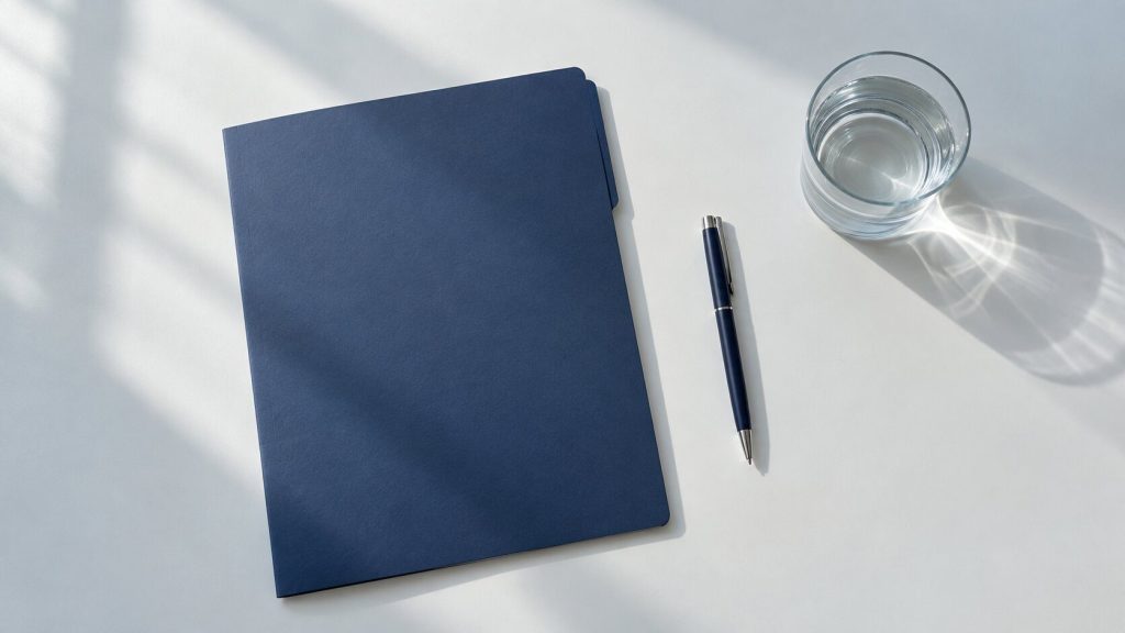 A plain pale desk with a closed folder, a pen and a glass of water, seen from above.