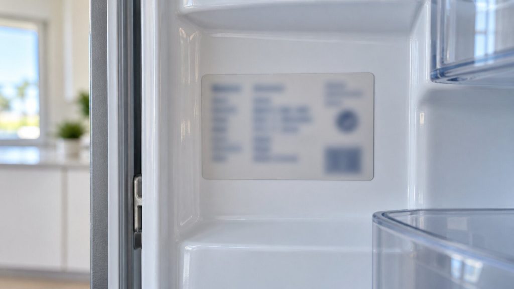 A rating plate on the inside wall of an open appliance door, photographed square on at close range, the characters deliberately out of focus.