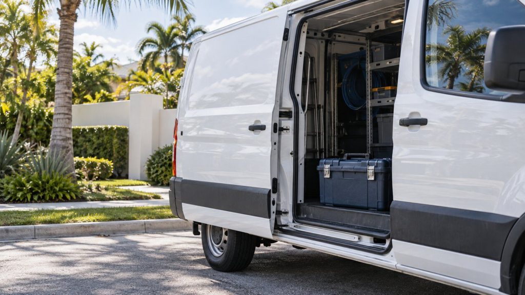 A van door standing open at a curb with a tool case visible inside, palms and a pale stucco wall behind.