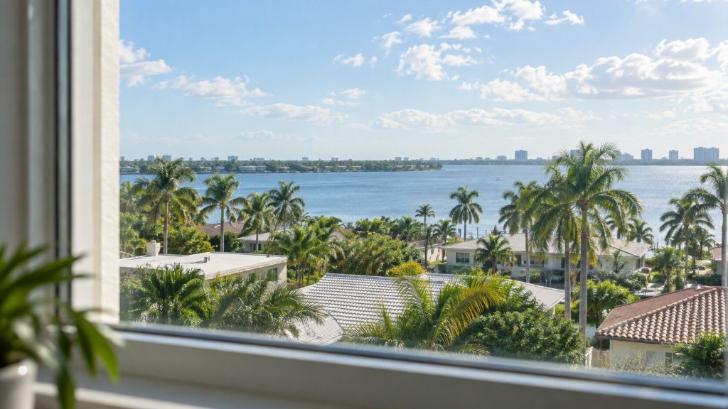 A wide view over low-rise South Florida rooftops towards water, palms in the near distance, bright hazy sky.