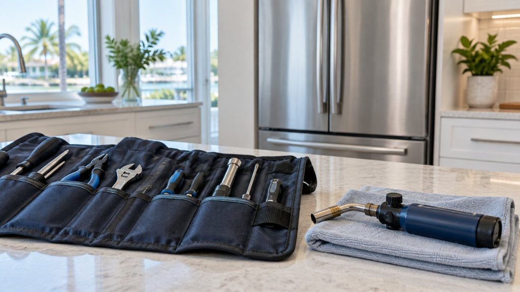 A technician's open tool roll and a torch laid on a folded cloth on a pale stone kitchen counter, a stainless appliance front out of focus behind.